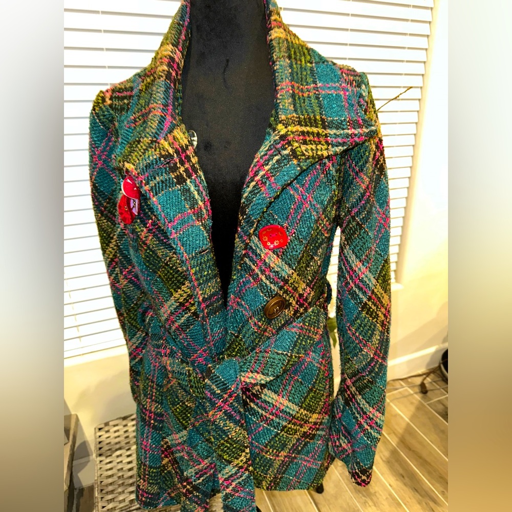 BKE Tweed Teal, Pink, Black Belted Coat Sz Large with flower embellishments
